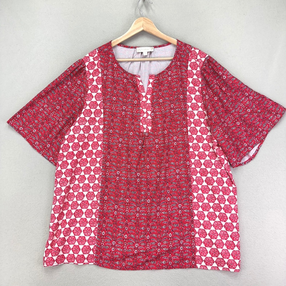 Weekend Suzanne Betro Blouse Womens 2X Pink Red Boho Short Sleeve Geometric